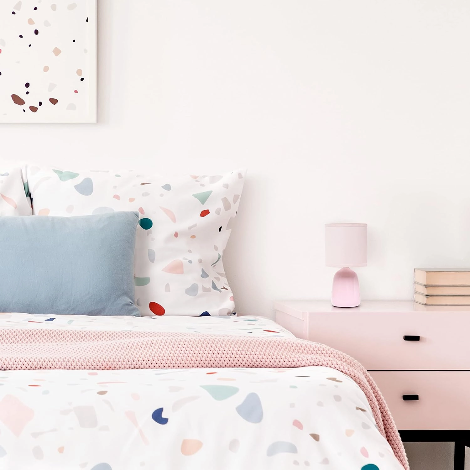 Simple Designs LT1134-LPK 10.04" Tall Traditional Ceramic Thimble Base Bedside Table Desk Lamp w Matching Fabric Shade for Home Decor, Nightstand, Bedroom, Living Room, Entryway, Office, Light Pink