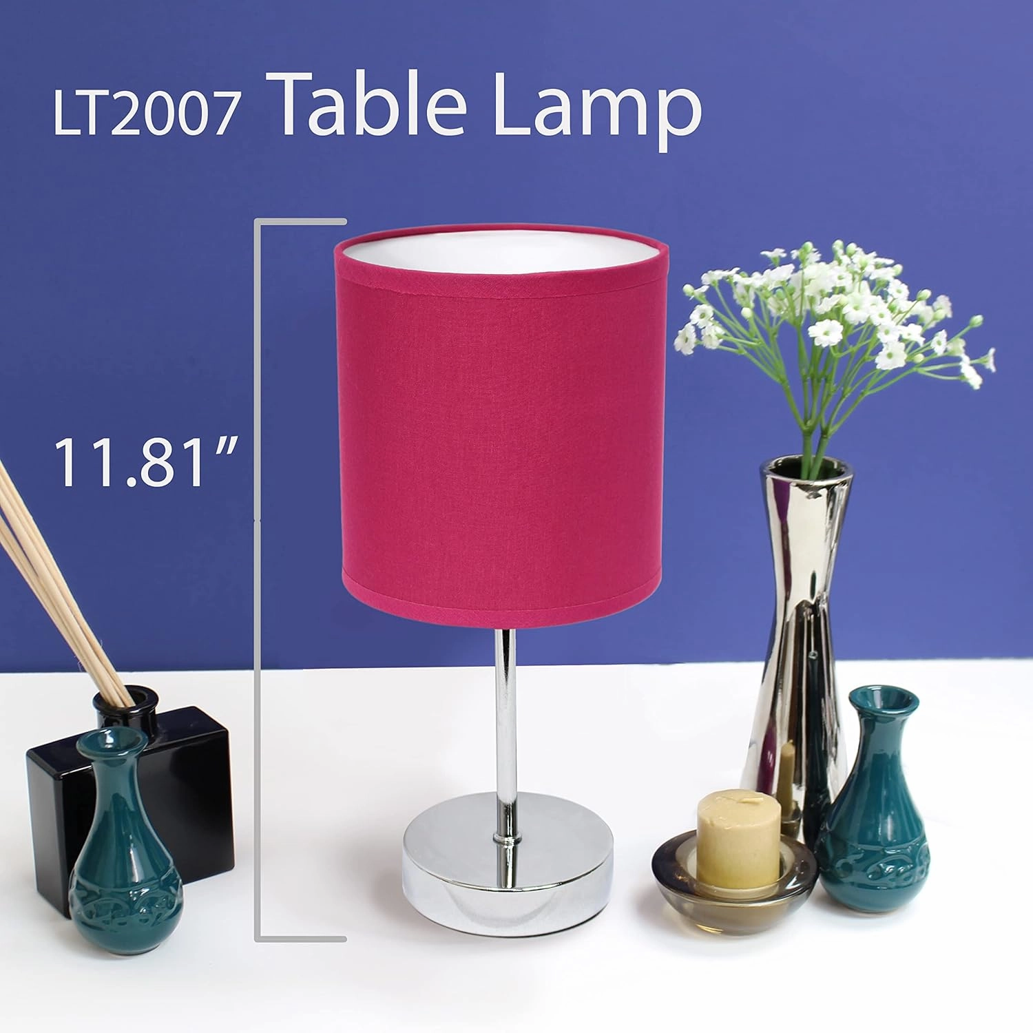 Simple Designs LT2007-HPK Chrome Mini Basic Table Lamp with Fabric Shade, Hot Pink