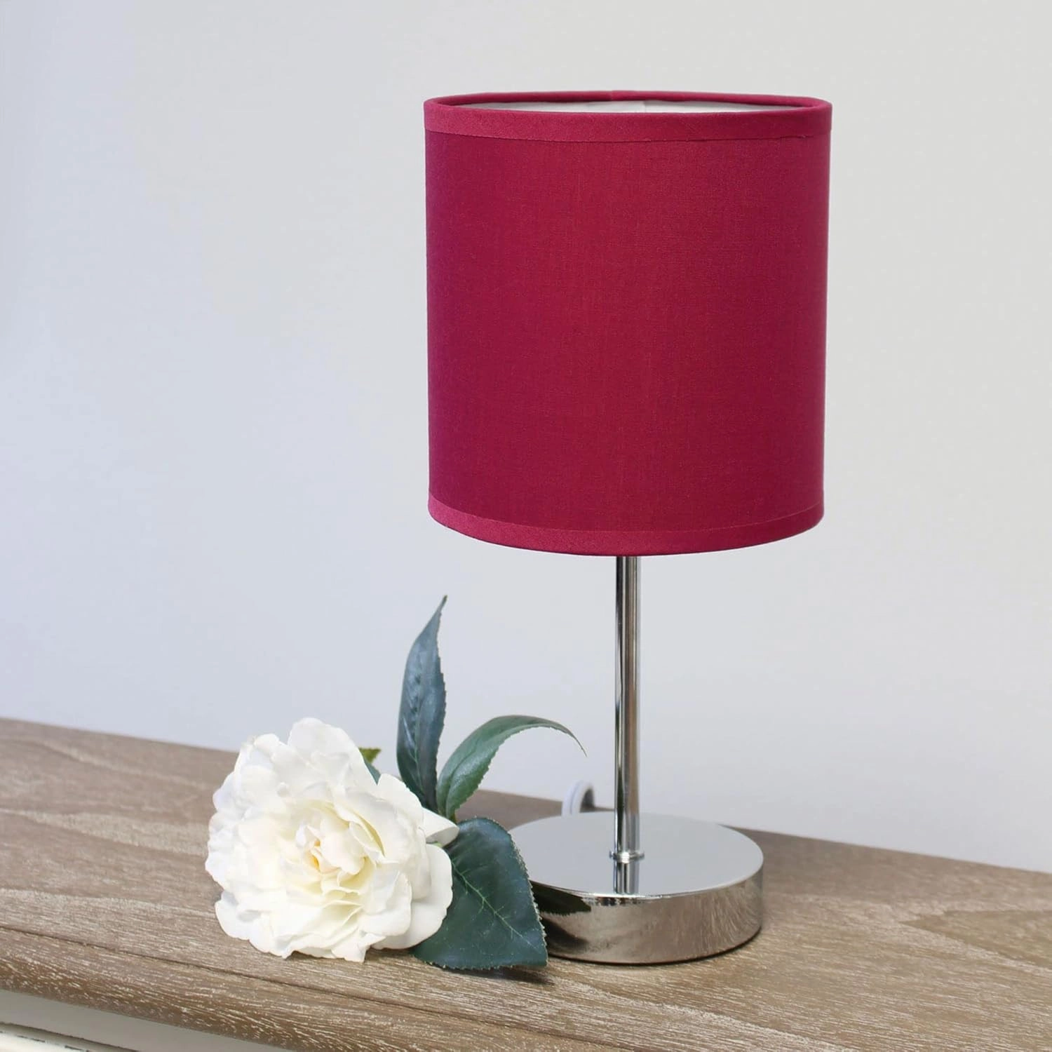 Simple Designs LT2007-WNE Chrome Mini Basic Table Stick Lamp with Fabric Shade, Wine