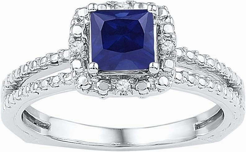 Size - 9.5 - Solid 925 Sterling Silver Princess Cut Round Blue Simulated Sapphire And White Diamond Engagement Ring OR Fashion Band Prong Set Solitaire Shaped Halo Ring (.03 cttw)