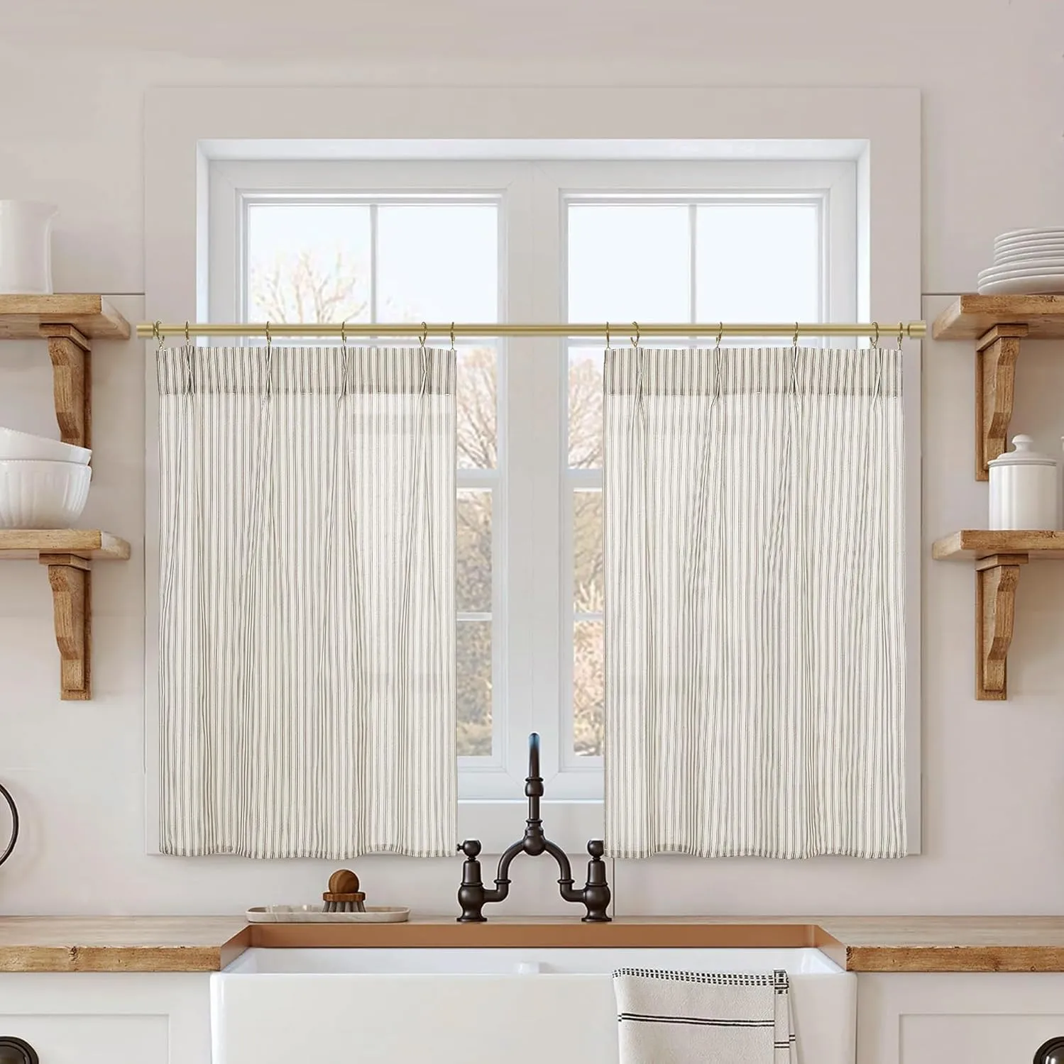 Small Curtains for Kitchen Window,Linen Farmhouse Pinstripe Curtains to Cover Open Shelves,24x24 24 x 24 Inch Length