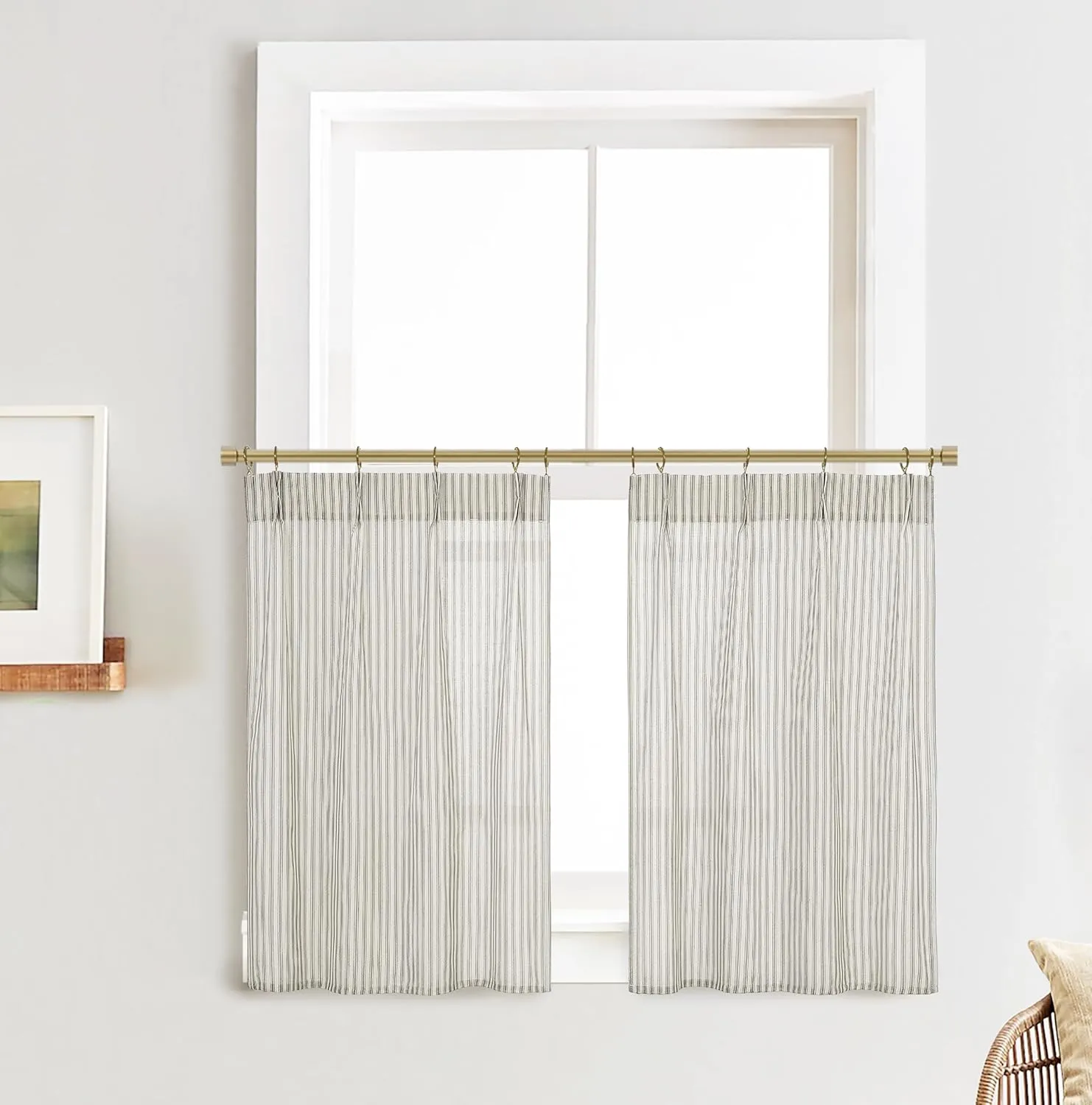 Small Curtains for Kitchen Window,Linen Farmhouse Pinstripe Curtains to Cover Open Shelves,24x24 24 x 24 Inch Length