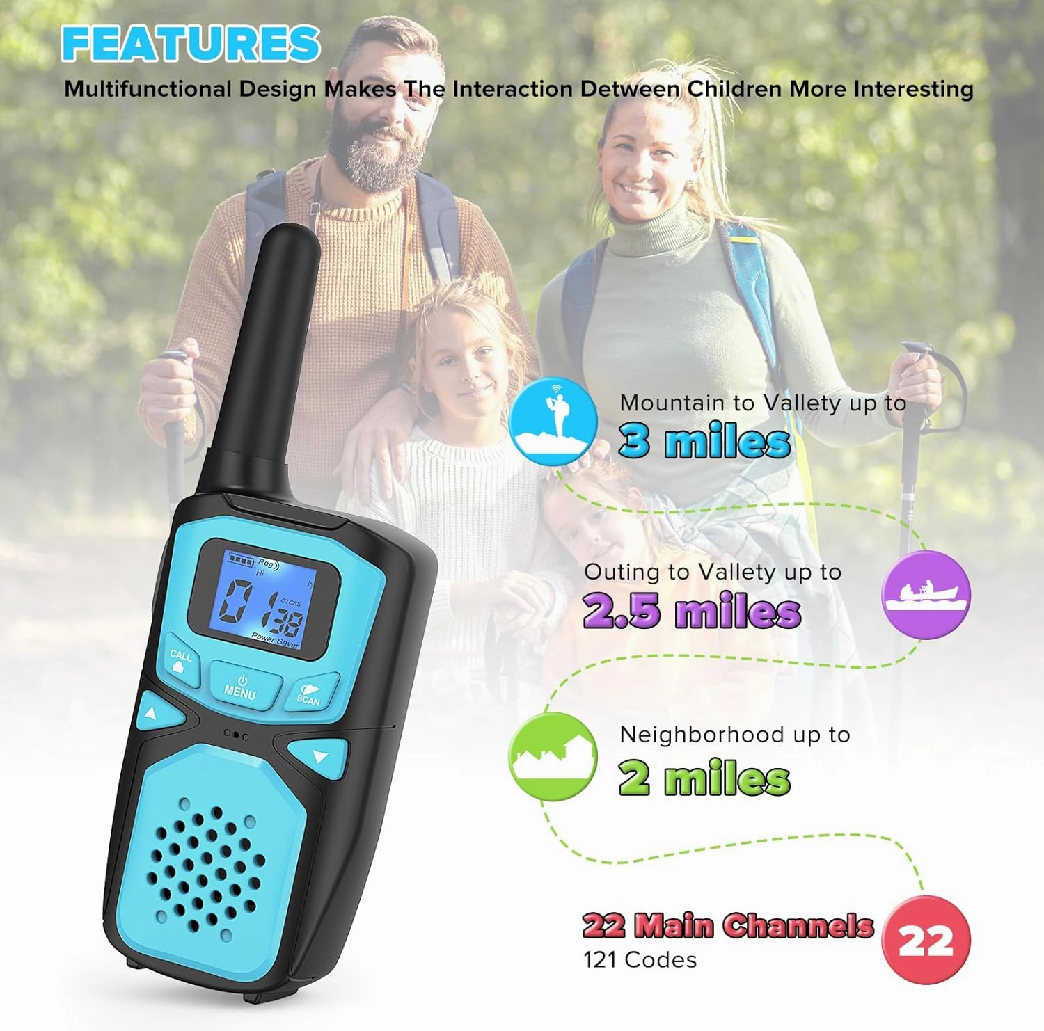 Small Machine Walkie Talkie,Camping Outdoor Game Toys Christmas Birthday Gift for Boys and Girls 3 4 5 6 7 8 9 10 Years Old Rechargeable with NOAA,Lanyard Kids Walkie Talkie 2 Packs