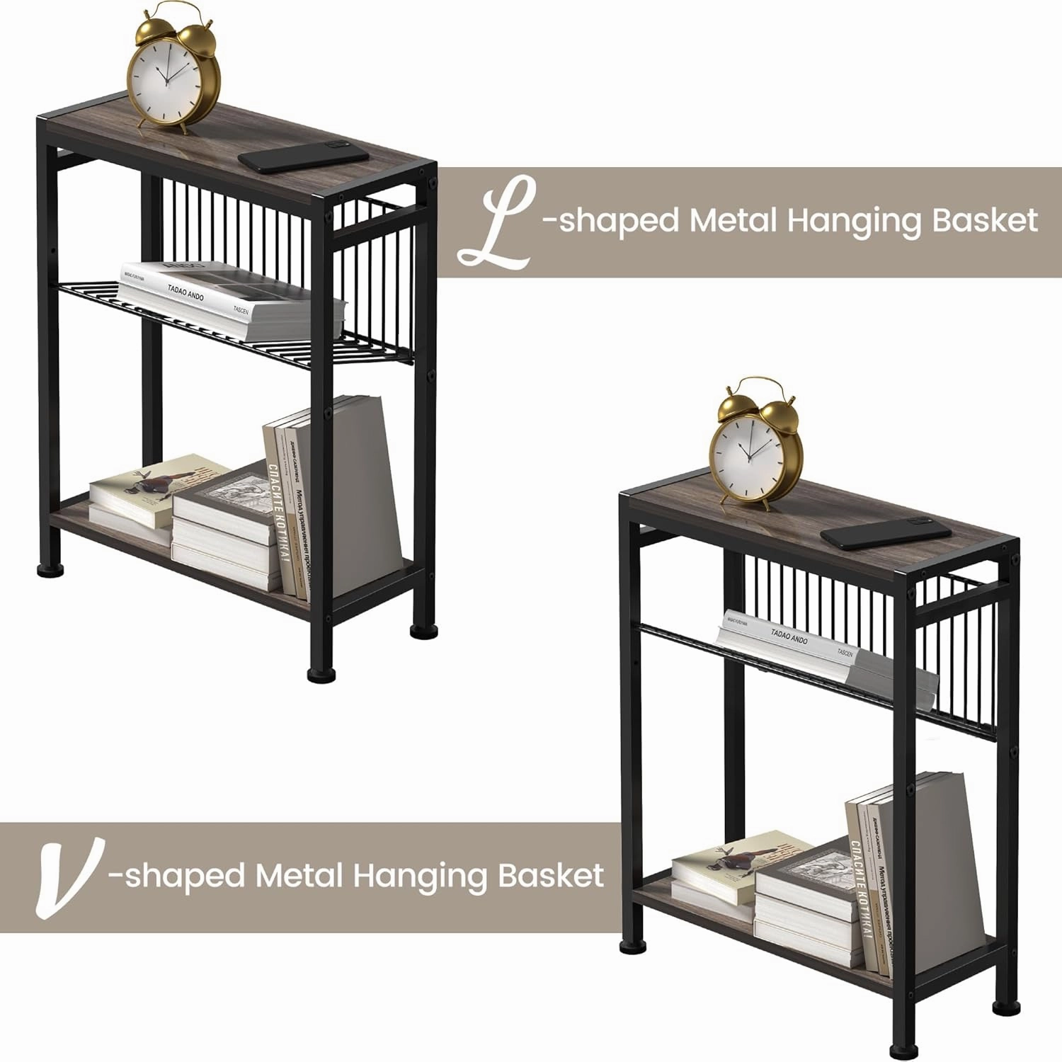 Small Side Table Set of 2 for Small Space, 3-Tier Narrow End Tablewith Magazine Holder,Small Nightstand, Skinny Snack Couch Table in Living Room, Bedroom Study and Balcony(Ash Brown)
