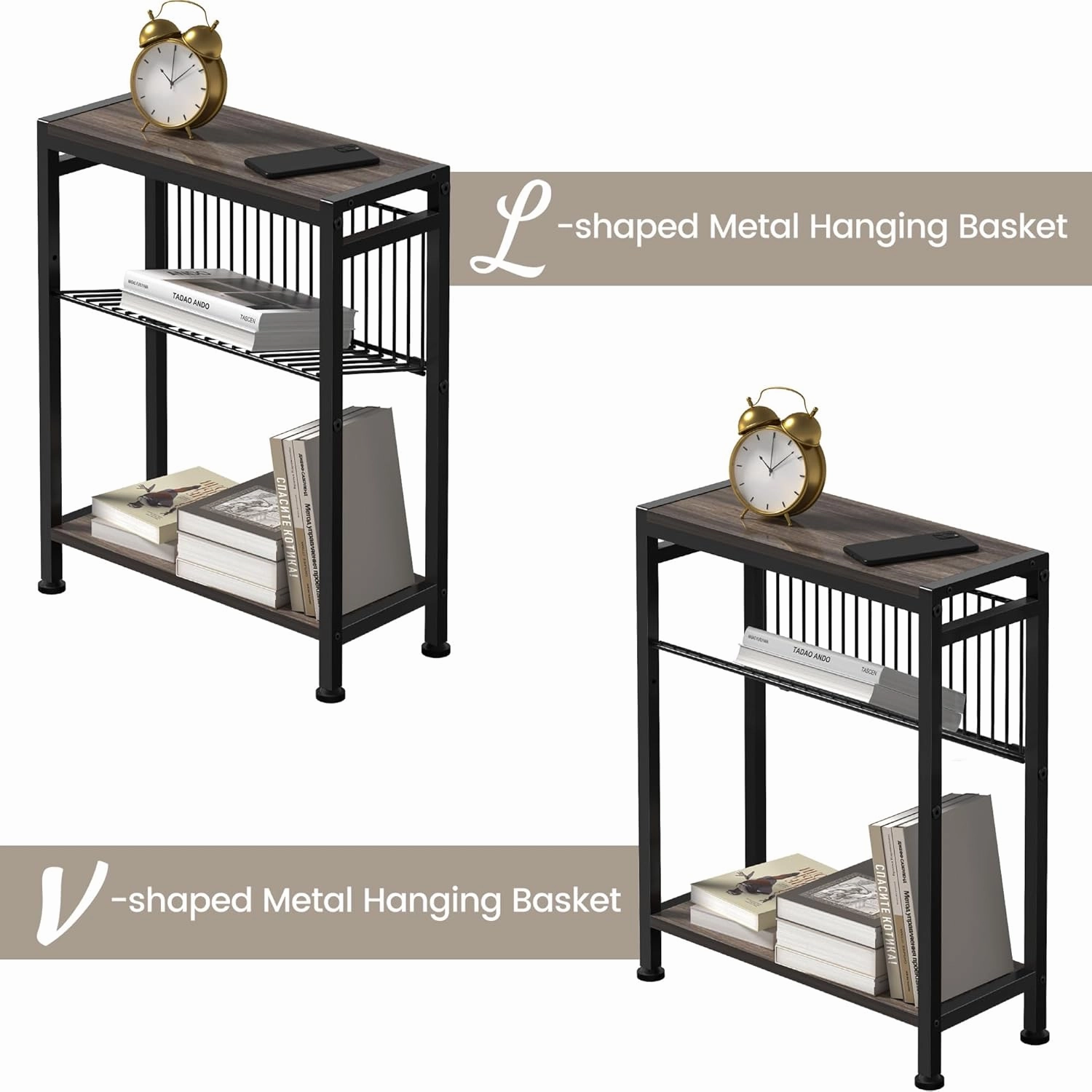 Small Side Table Set of 2 for Small Space, 3-Tier Narrow End Tablewith Magazine Holder,Small Nightstand, Skinny Snack Couch Table in Living Room, Bedroom Study and Balcony(Ash Brown)