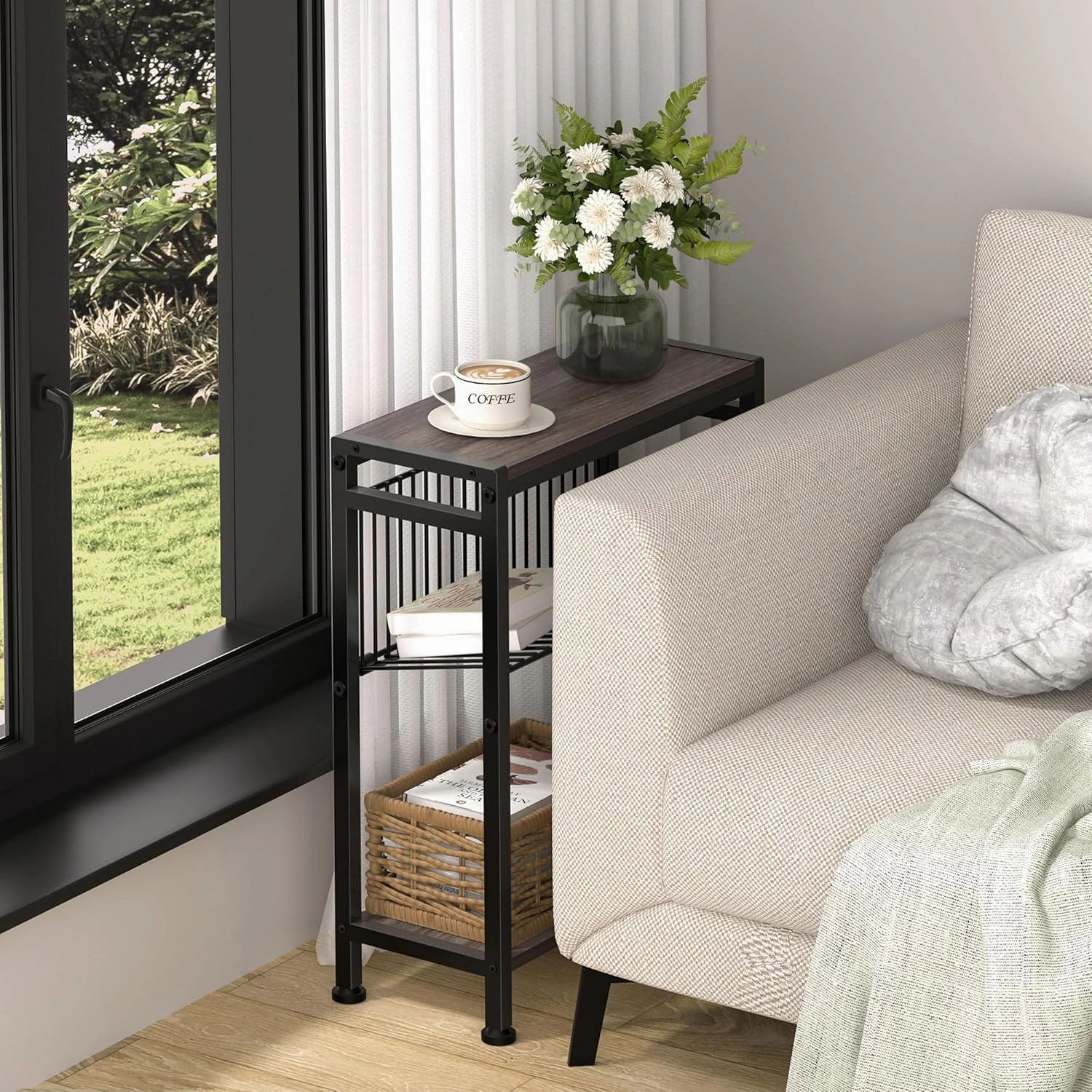 Small Side Table Set of 2 for Small Space, 3-Tier Narrow End Tablewith Magazine Holder,Small Nightstand, Skinny Snack Couch Table in Living Room, Bedroom Study and Balcony(Ash Brown)