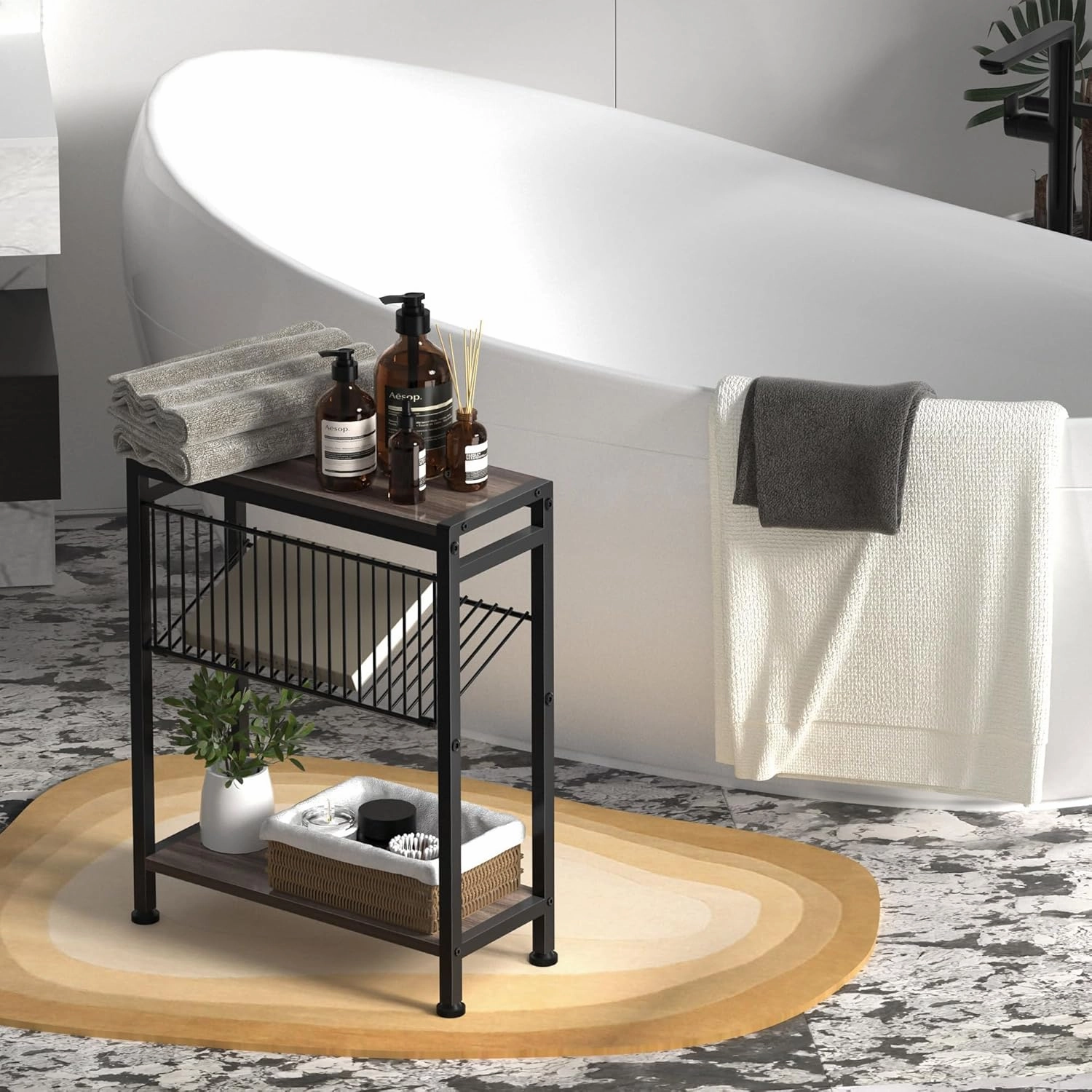 Small Side Table Set of 2 for Small Space, 3-Tier Narrow End Tablewith Magazine Holder,Small Nightstand, Skinny Snack Couch Table in Living Room, Bedroom Study and Balcony(Ash Brown)