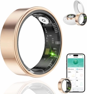 Smart Ring Health Tracker, Fitness Sleep & Heart Rate Monitor Tracker Smart Ring, Waterproof Bluetooth Fitness Tracker Ring IPX68 Waterproof (Gold, 10)