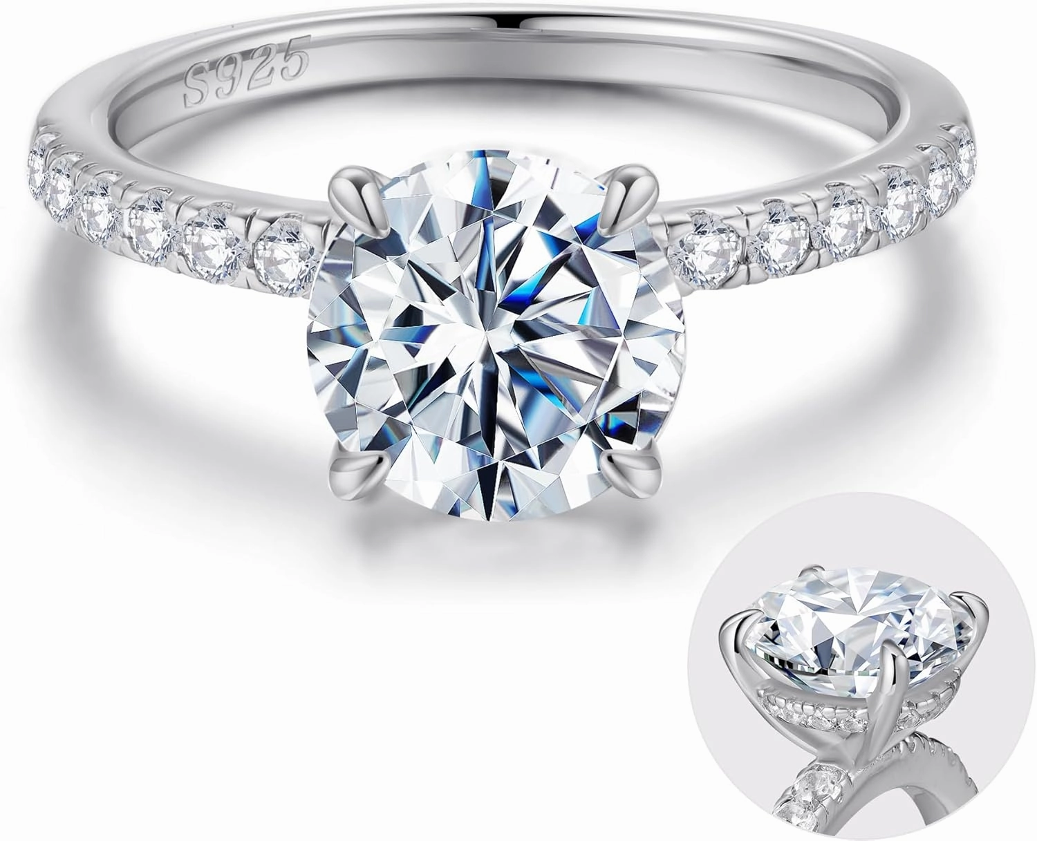 SMILEST 2ct Hidden Halo Engagement Rings for Women, 14K White Yellow Gold Plated Solid 925 Sterling Silver Cubic Zirconia Rings 4 Claw Side Stone Engagement Rings for Women Solitaire Engagement Rings