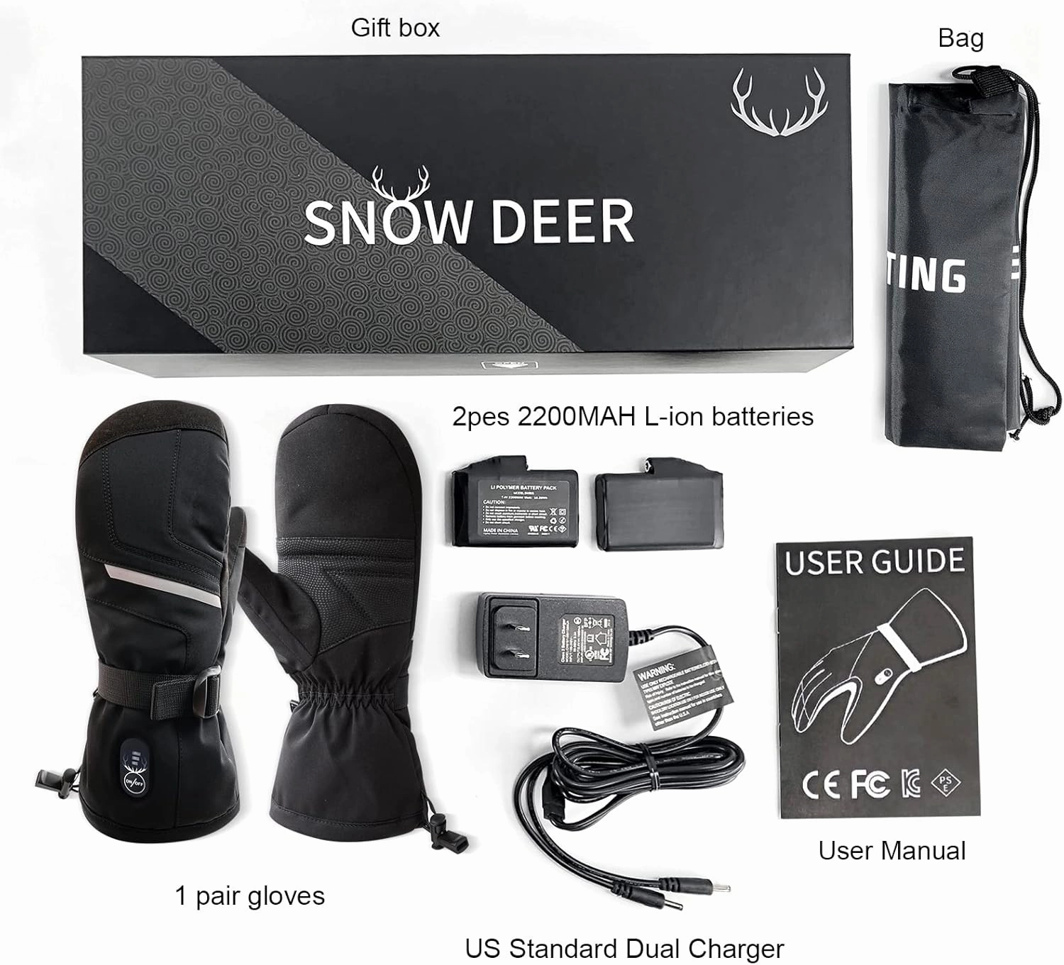 SNOW DEER Heated Ski Mittens for Men Women, Electric Mitts Gloves Rechargeable Battery Heated Hand Glove for Arthritis Skiing Hiking