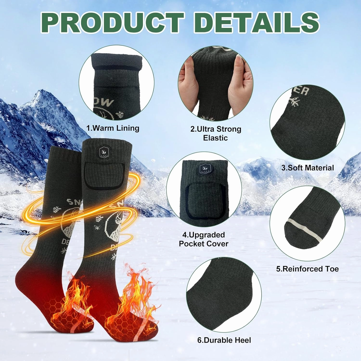SNOW DEER Heated Socks,Upgraded 7.4V Rechargeable Battery Electric Socks for Men Women,Winter Cold Weather Warm Socks for Huting Fishing Camping Hiking Skiing Foot Warmer