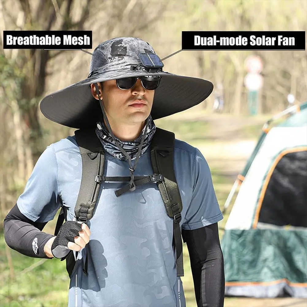 Solar-Powered Wide Brim Hat with USB Charging Fan – Removable & Rechargeable Sun Hat for Men & Women – Outdoor, Fishing