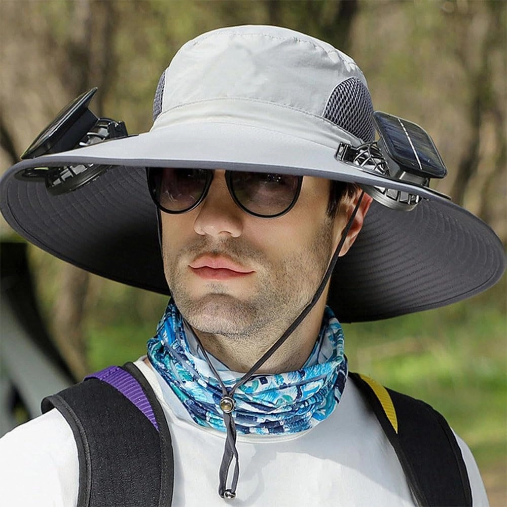 Solar Fan Hats for Men Women,Hat with Fans Solar Power,Outdoor Wide Brim Sun Hat with 2 Solar F-an