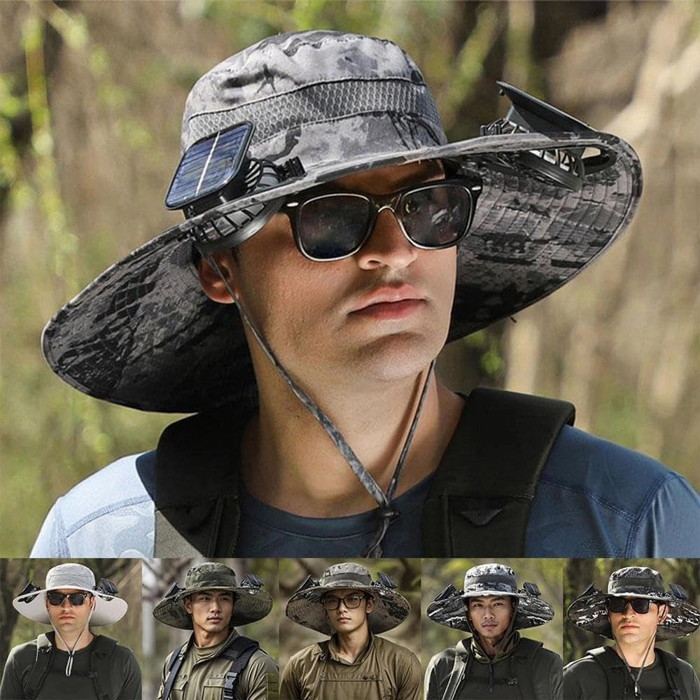 Solar Fan Hats for Men Women,Hat with Fans Solar Power,Outdoor Wide Brim Sun Hat with 2 Solar F-an