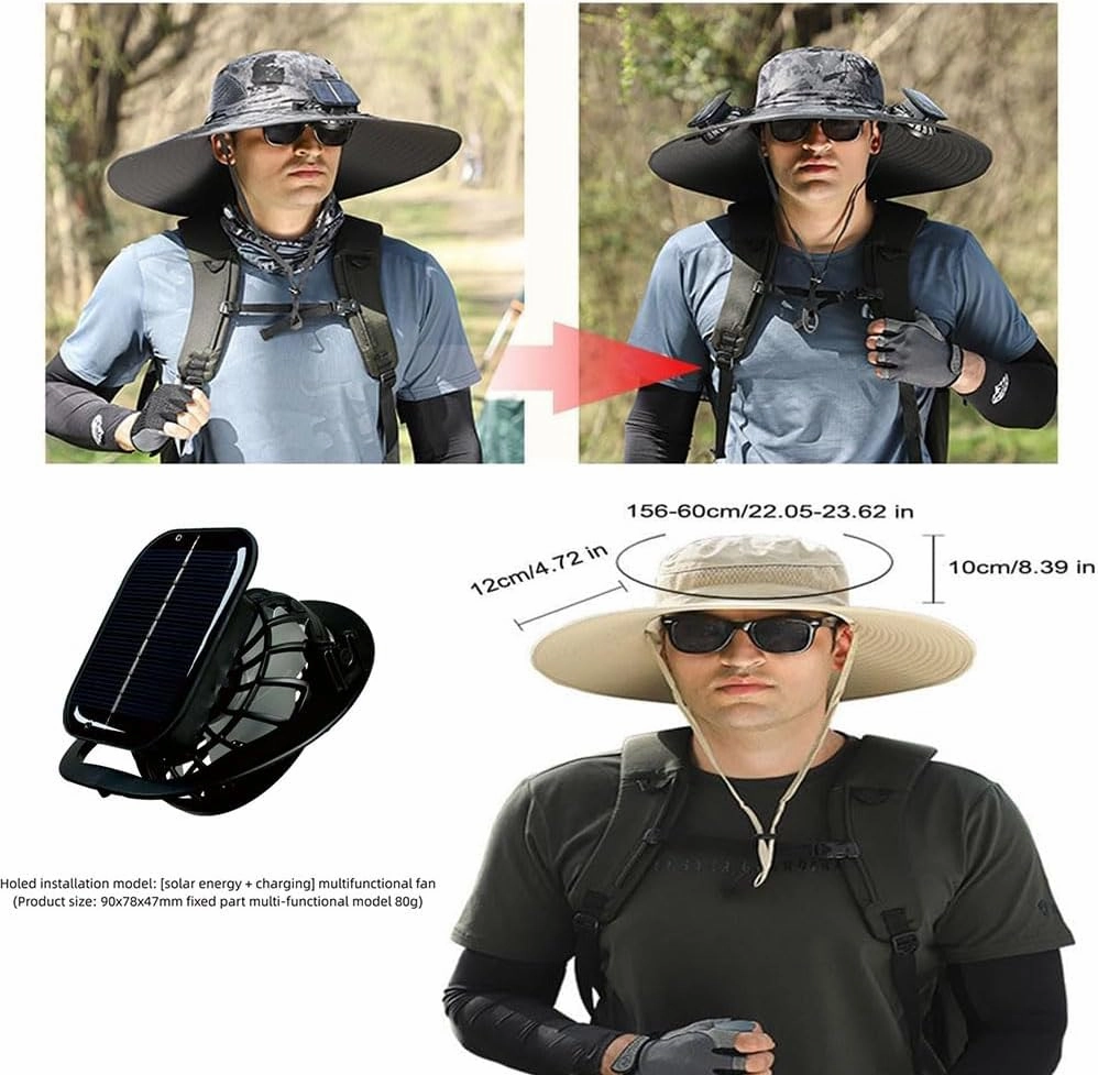 Solar Fan Hats for Men Women,Hat with Fans Solar Power,Outdoor Wide Brim Sun Hat with 2 Solar F-an