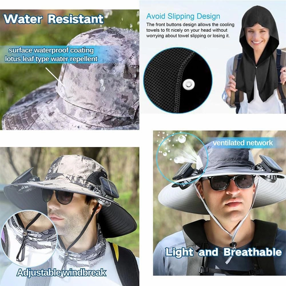 Solar Fan Hats for Men Women,Hat with Fans Solar Power,Outdoor Wide Brim Sun Hat with 2 Solar F-an