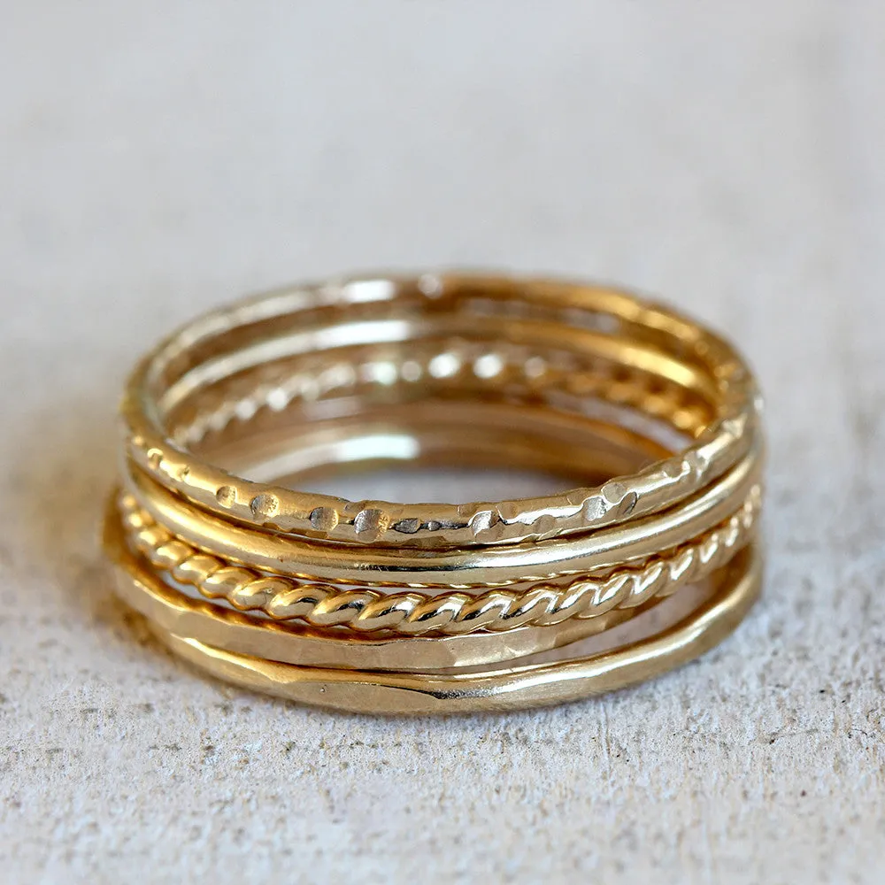 Solid 14k gold stacking rings - large tall stack of 5 rings