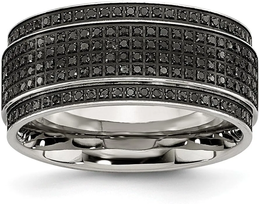 Solid Stainless Steel 1/2ct tw. Diamond Ridged Edge 10mm Men's Wedding Band Ring
