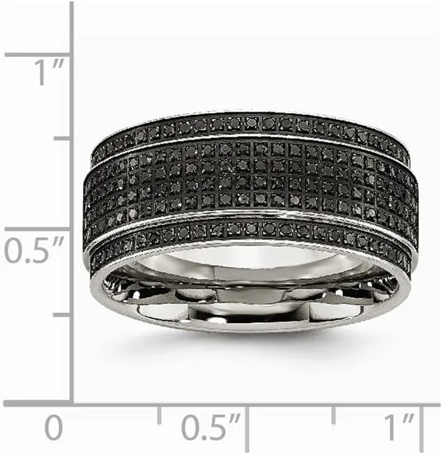Solid Stainless Steel 1/2ct tw. Diamond Ridged Edge 10mm Men's Wedding Band Ring