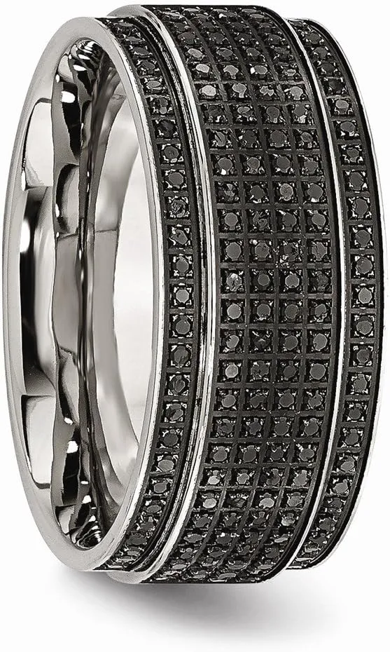 Solid Stainless Steel 1/2ct tw. Diamond Ridged Edge 10mm Men's Wedding Band Ring