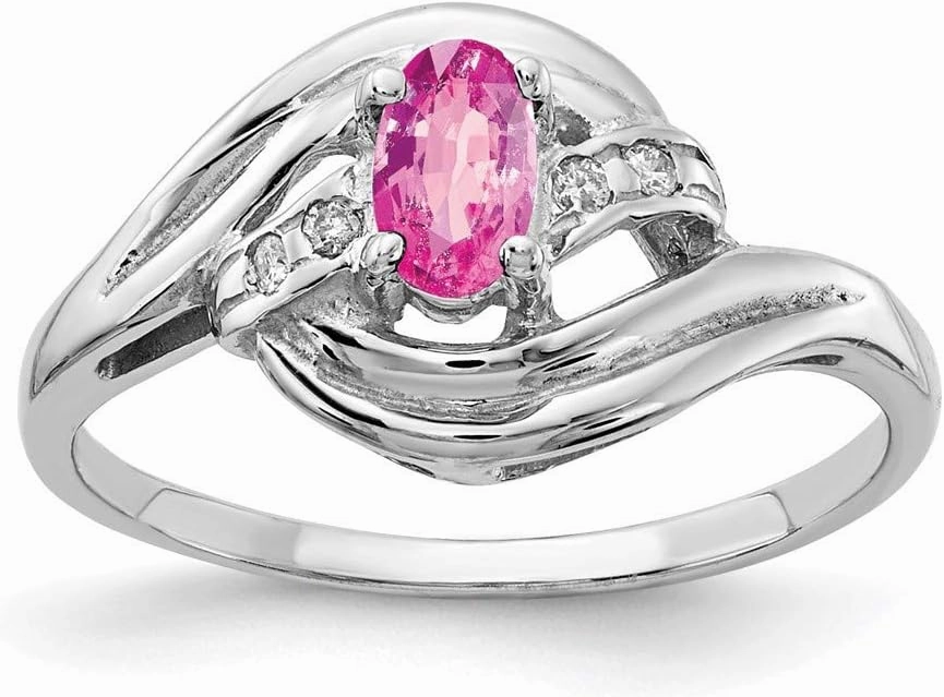 Solid 14k White Gold 5x3mm Oval Pink Sapphire Diamond Engagement Ring (.032 cttw.)
