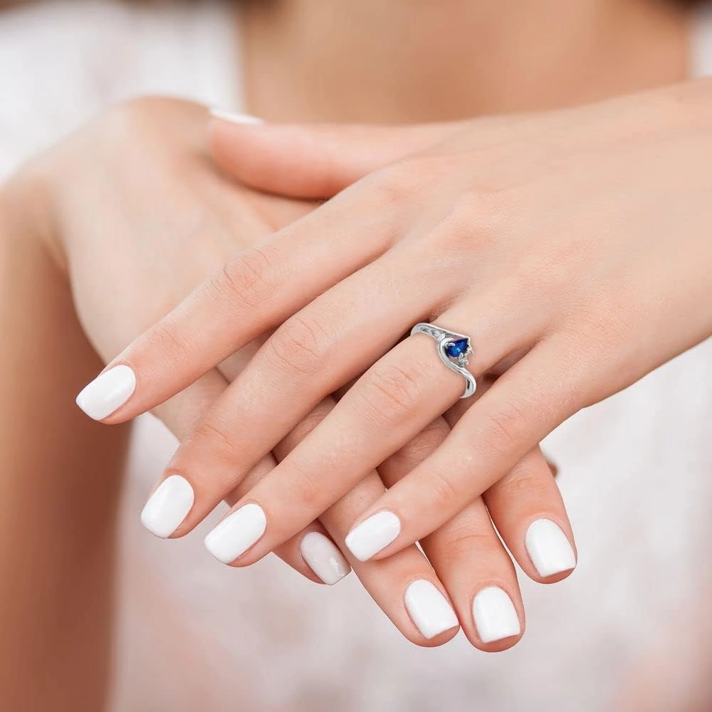 Solid 14k White Gold 5x3mm Pear Sapphire Blue September Gemstone VS Diamond Engagement Ring (.016 cttw.)