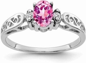 Solid 14k White Gold 6x4mm Oval Pink Sapphire Diamond Engagement Ring (.034 cttw.)