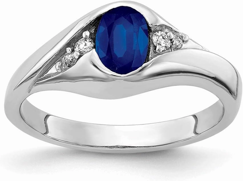Solid 14k White Gold 6x4mm Oval Sapphire Blue September Gemstone Diamond Engagement Ring (.058 cttw.)