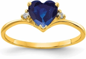 Solid 14k Yellow Gold 6mm Heart Sapphire Blue September Gemstone Diamond Engagement Ring (.024 cttw.)