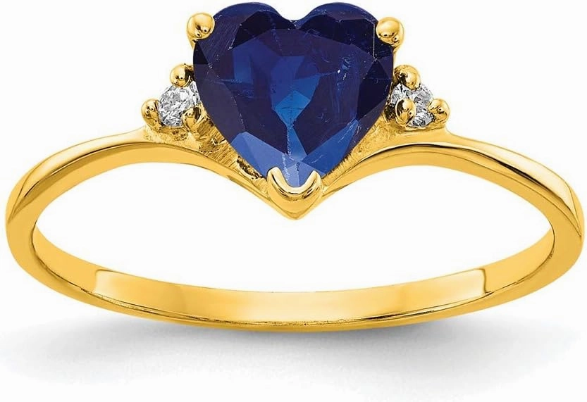 Solid 14k Yellow Gold 6mm Heart Sapphire Blue September Gemstone Diamond Engagement Ring (.024 cttw.)