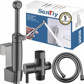 SonTiy Handheld Bidet Toilet Sprayer Black Stainless, Cloth Diaper Sprayer Bathroom Hand Held Jet Spray Bidet Attachment for Toilet with Adjustable Pressure Control, Solid Brass, 7.2" Bidet Wand