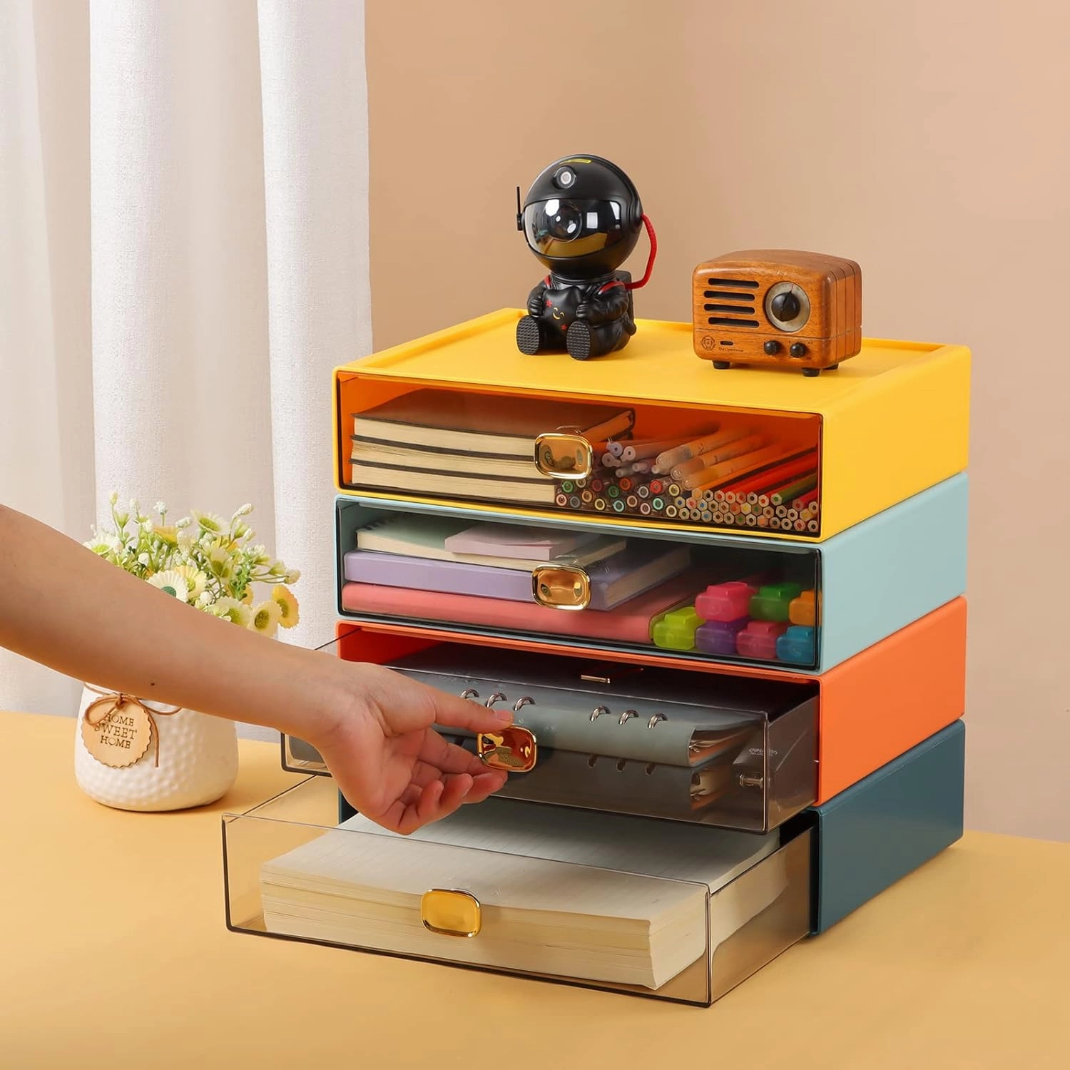 Spacious Desktop Storage Box, 1 Large Storage Drawer, Stackable Office Desk Drawer Organizer and Accessories, Printer Paper Organizer, Blue Plastic Drawers for Workspace & Home