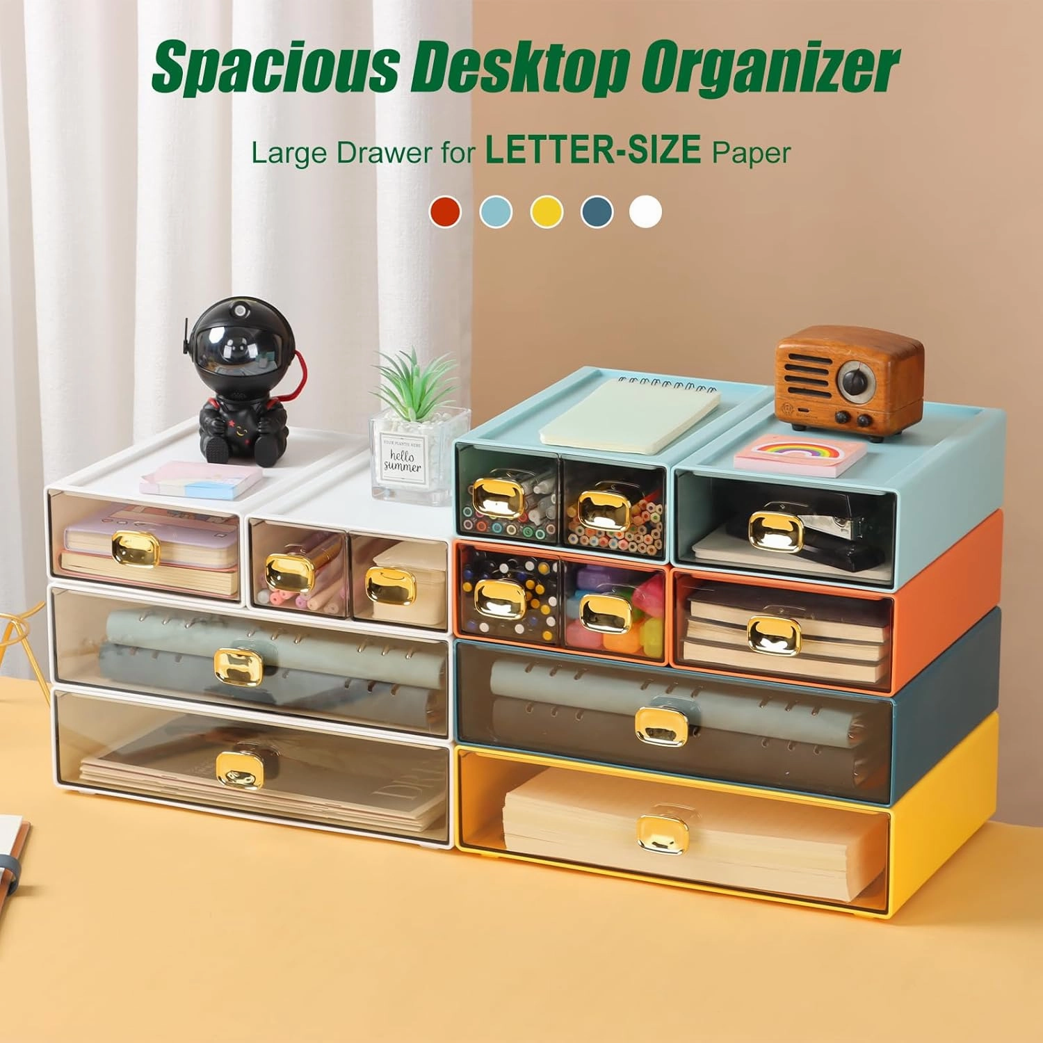 Spacious Desktop Storage Box, 1 Large Storage Drawer, Stackable Office Desk Drawer Organizer and Accessories, Printer Paper Organizer, Blue Plastic Drawers for Workspace & Home