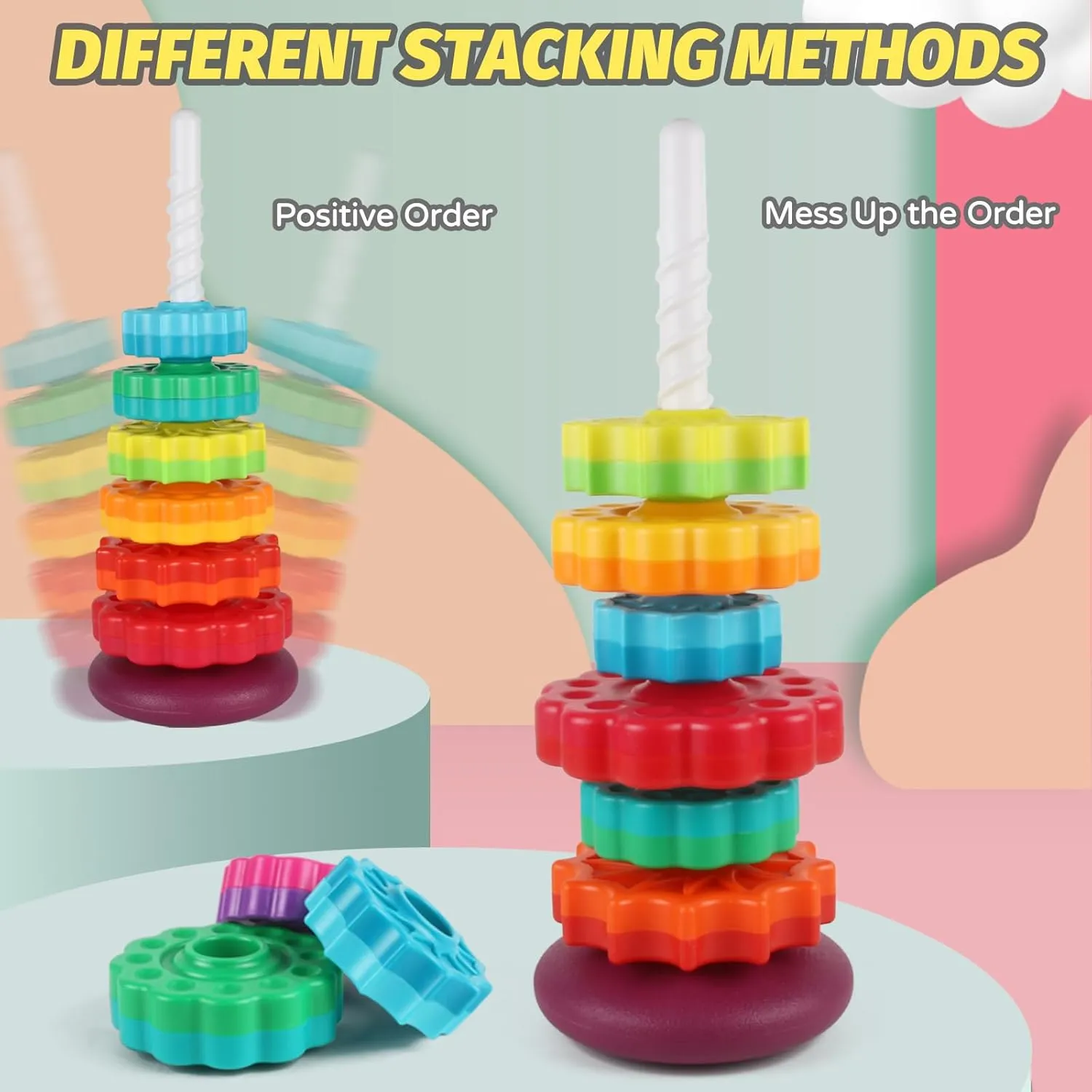 Spinning Stacking Toys for Toddlers 1-3, Ring Stacker for Babies 0-6-12-18 Months, Spinner for Infants, Montessori Autism Sensory Toys, 1 2 3 Year Old Girl Boy Christmas Birthday Gifts