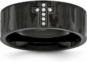 Stainless Steel and Matte 0.05ct. tw. Diamond Cross Wedding Band Ring