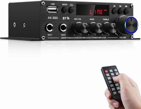 Stereo Audio Amplifier for Home, AK-390 Bluetooth5.0 HiFi Mini Audio Amp 2.0 Channel RMS 40W X 2 Audio Component Speakers Amplifiers with 12V/5A Adapter, FM Radio, (BT,USB, AUX, Mic) Input