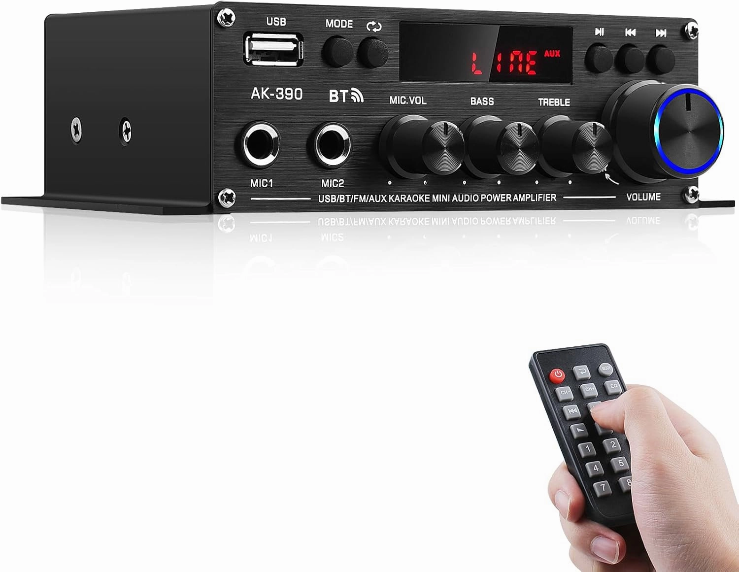 Stereo Audio Amplifier for Home, AK-390 Bluetooth5.0 HiFi Mini Audio Amp 2.0 Channel RMS 40W X 2 Audio Component Speakers Amplifiers with 12V/5A Adapter, FM Radio, (BT,USB, AUX, Mic) Input