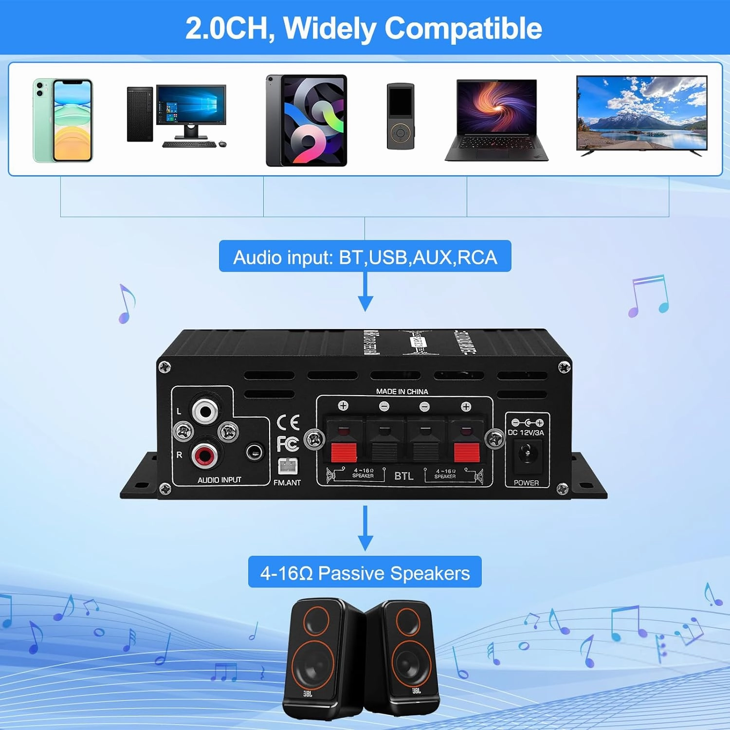 Stereo Audio Amplifier for Home, AK-390 Bluetooth5.0 HiFi Mini Audio Amp 2.0 Channel RMS 40W X 2 Audio Component Speakers Amplifiers with 12V/5A Adapter, FM Radio, (BT,USB, AUX, Mic) Input