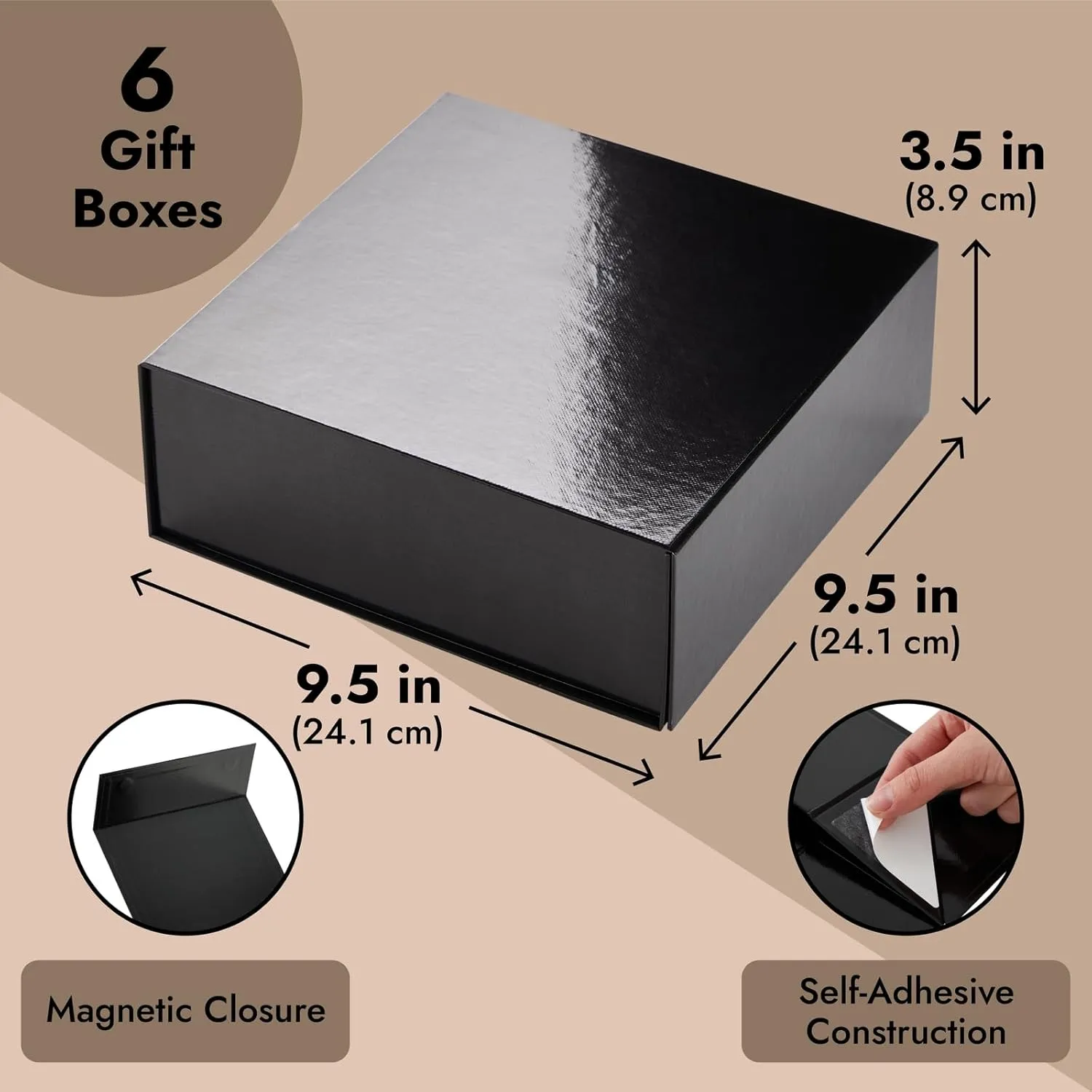 Stockroom Plus Groomsmen Proposal Box 6 Pack - Glossy Black Magnetic Square Bridesmaid Proposal Boxes 9.5 x 9.5 x 3.5 with Lids for Bridal Showers, Parties, Retail