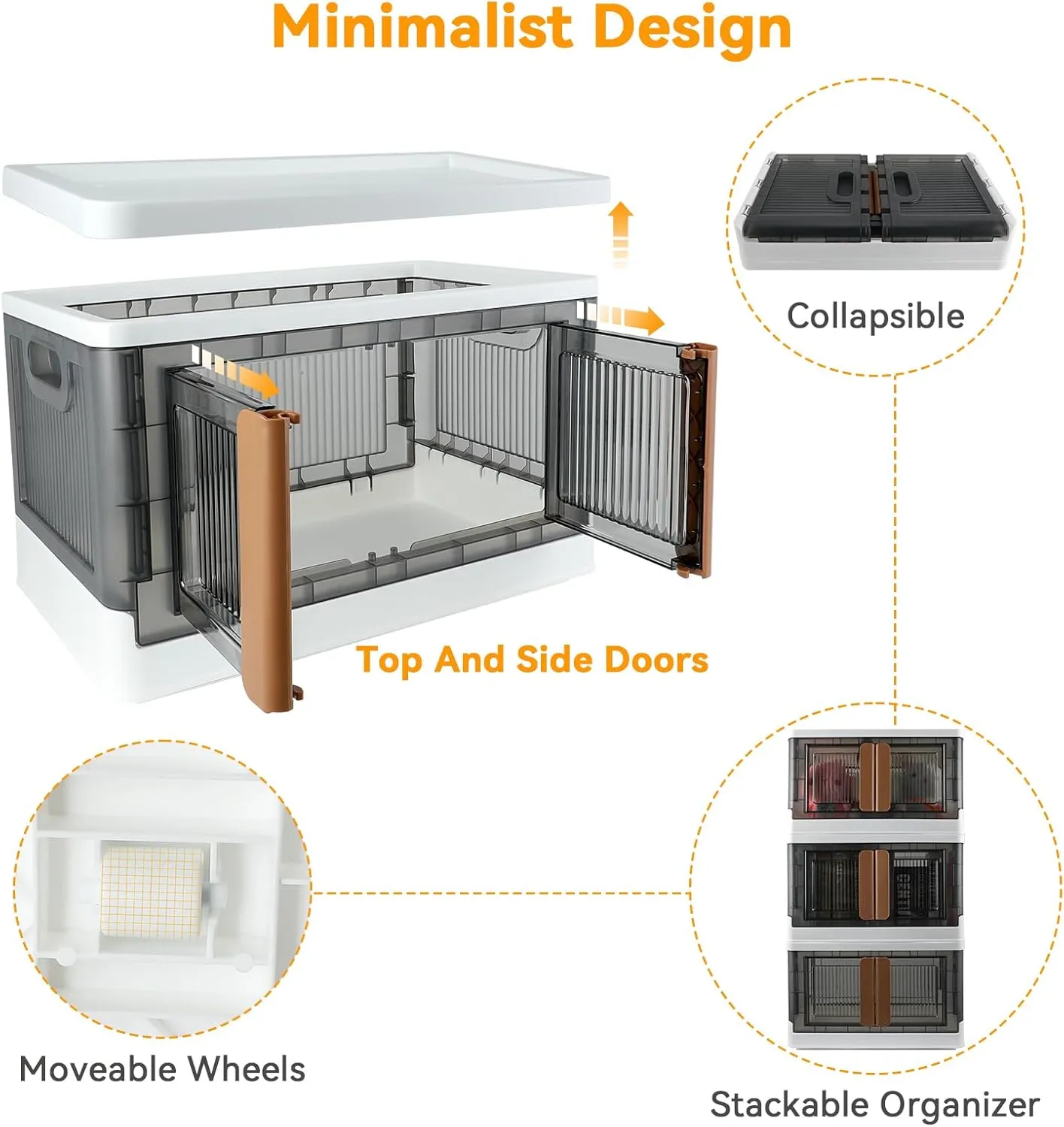 Storage Bin, Cabinet Box, Home Organizer, 8.4 Gallon Capacity, 2 Pack, With Double Door, Bottom Wheels, Foldable For Easy Carrying, Plastic, Transparent, Dustproof.