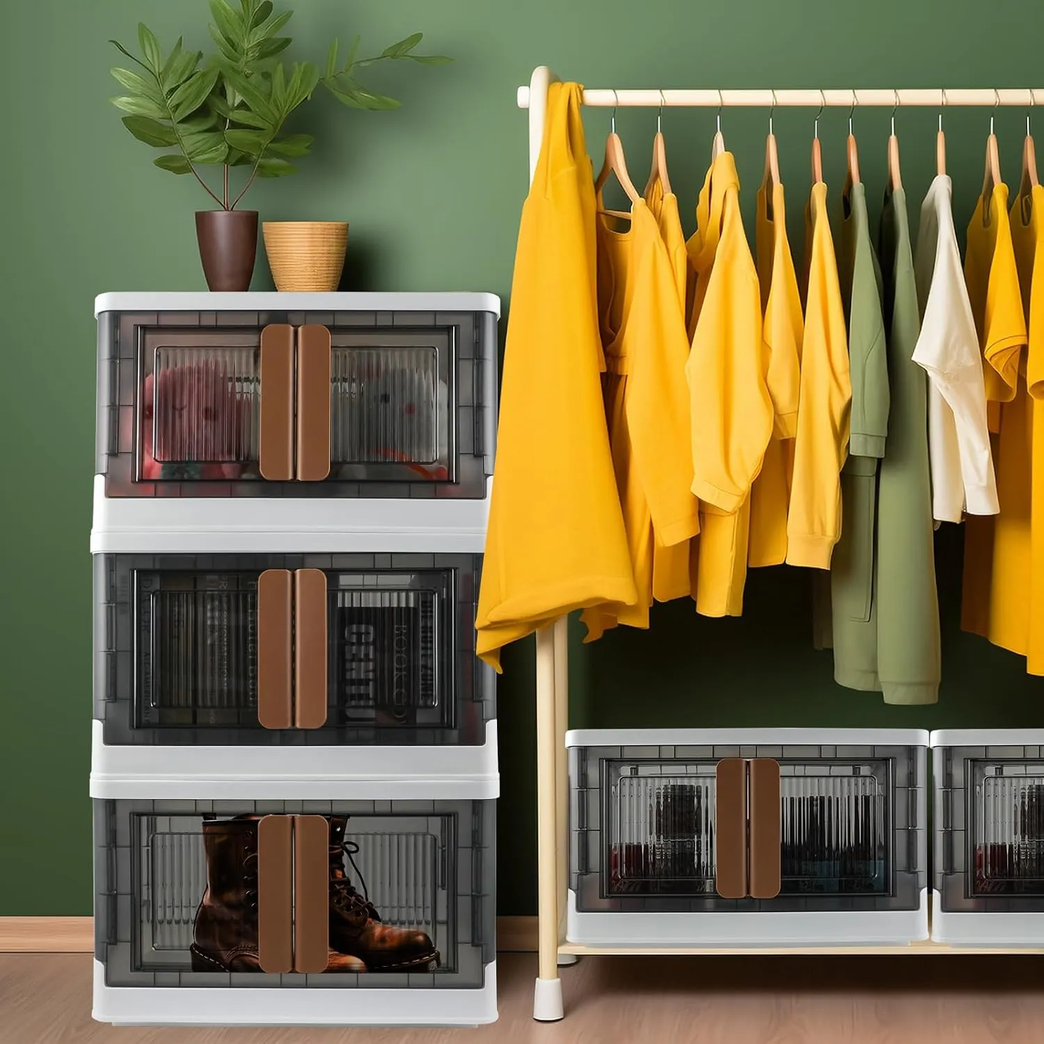 Storage Bin, Cabinet Box, Home Organizer, 8.4 Gallon Capacity, 2 Pack, With Double Door, Bottom Wheels, Foldable For Easy Carrying, Plastic, Transparent, Dustproof.