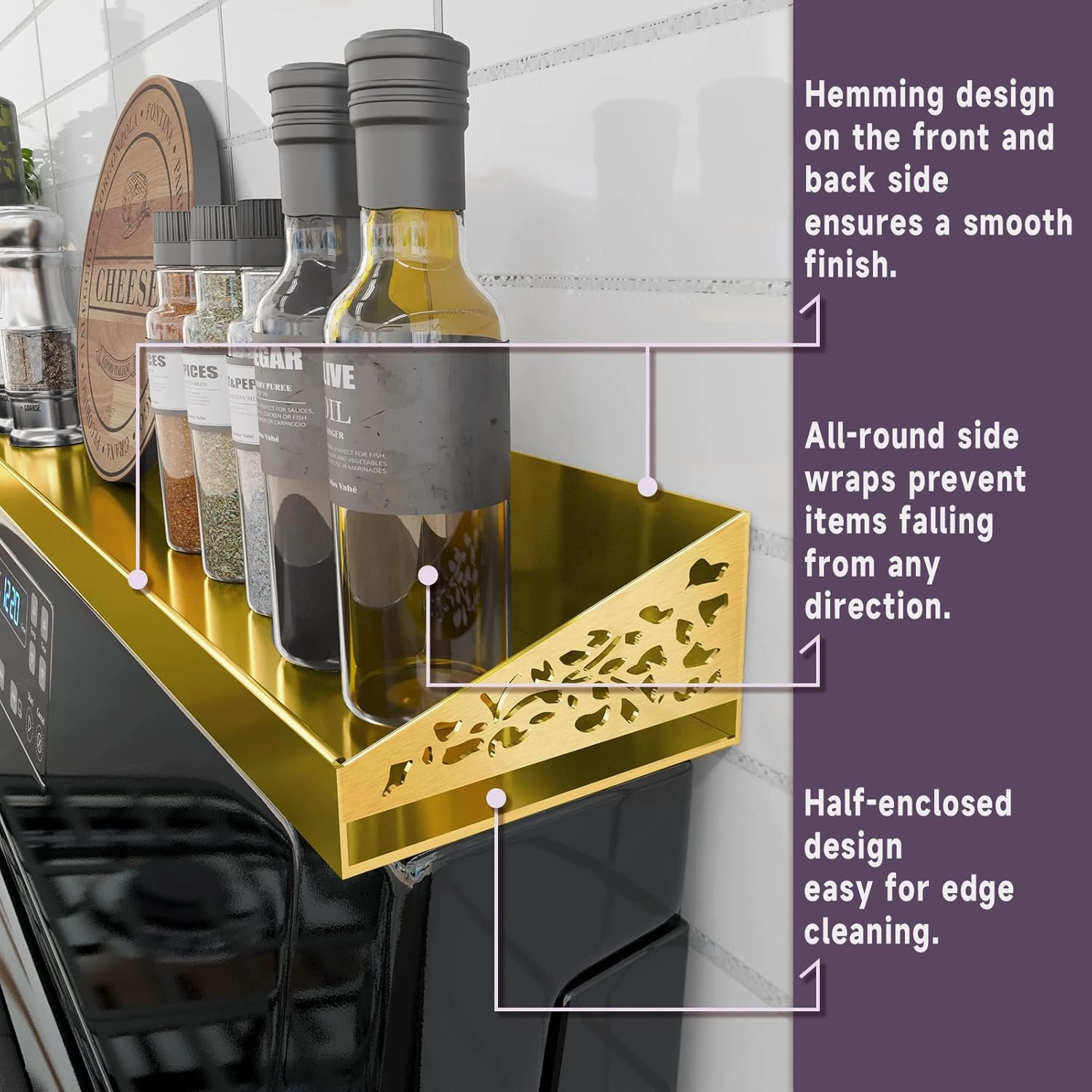 Stove top Shelf, 30" Length, Magnetic Spice Rack Over the Stove, Oven Shelf for top of Stove, Magnetic Spice Shelf, Gold Kitchen Organizers and Storage (Gold)