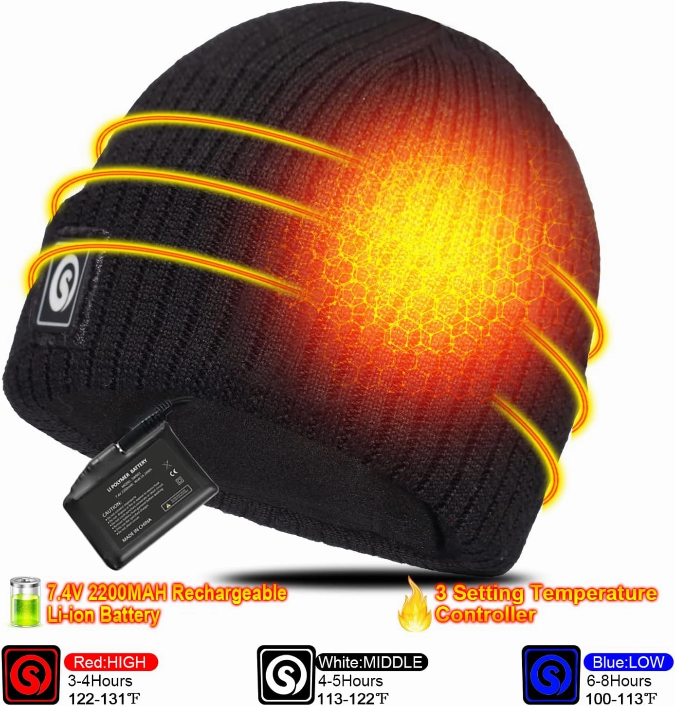 Sun Will Battery Heated Beanie Hat,Electric Rechargeable Warm Winter Heated Fleece Cap