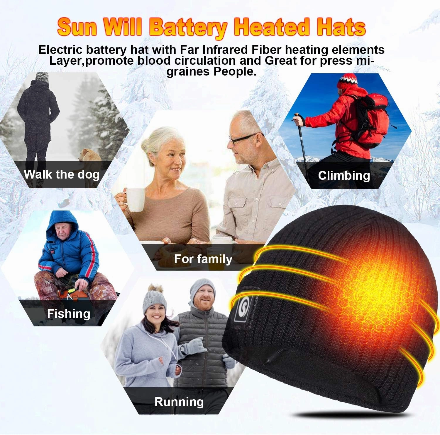 Sun Will Battery Heated Beanie Hat,Electric Rechargeable Warm Winter Heated Fleece Cap
