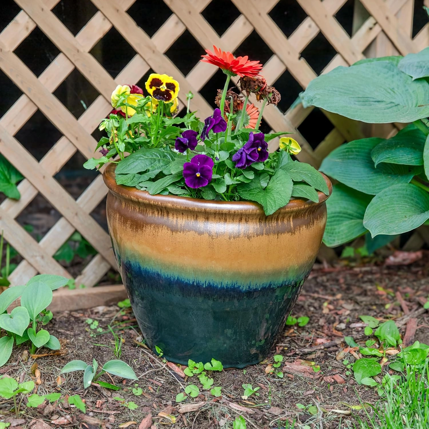 Sunnydaze 14.5" Large Ceramic Plant Pot - Round Outdoor Glazed Ceramic Planter Pot with Drainage - Forest Lake Green - Chalet