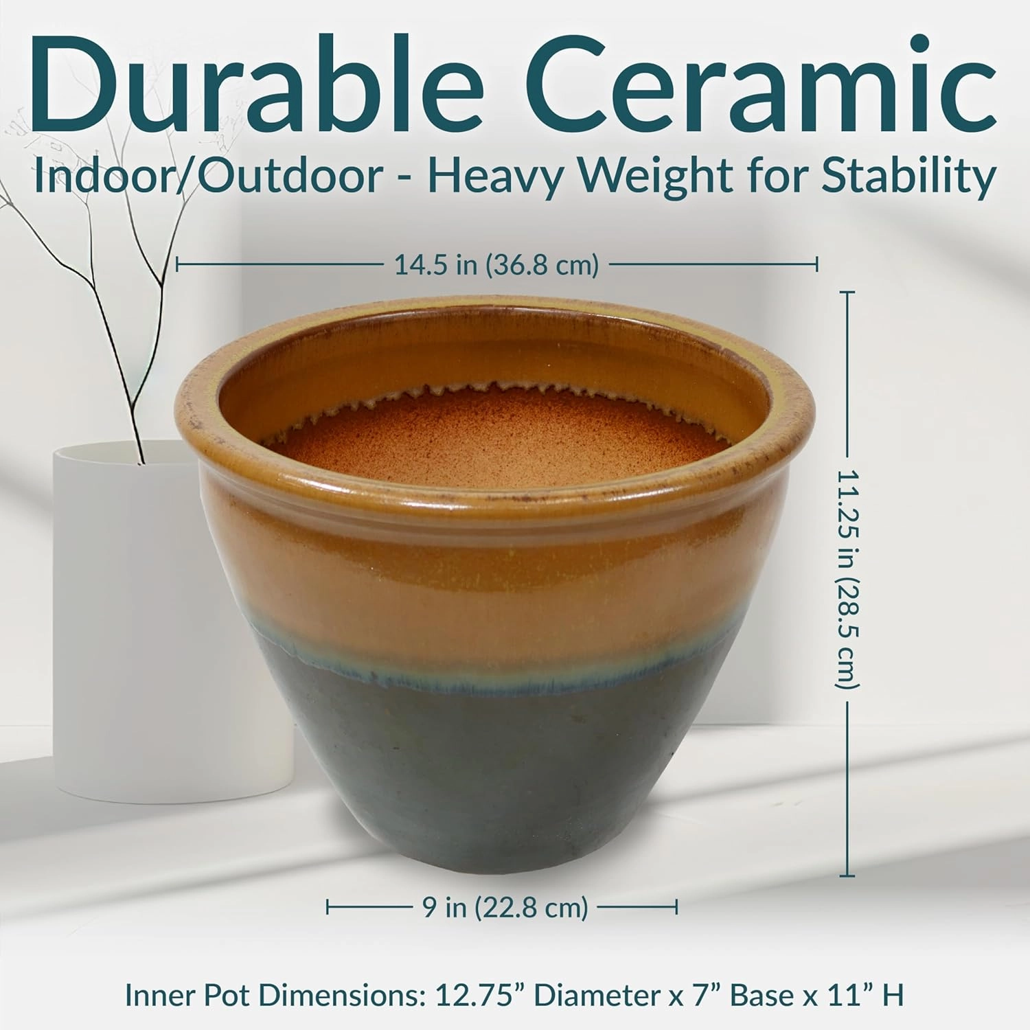 Sunnydaze 14.5" Large Ceramic Plant Pot - Round Outdoor Glazed Ceramic Planter Pot with Drainage - Forest Lake Green - Chalet