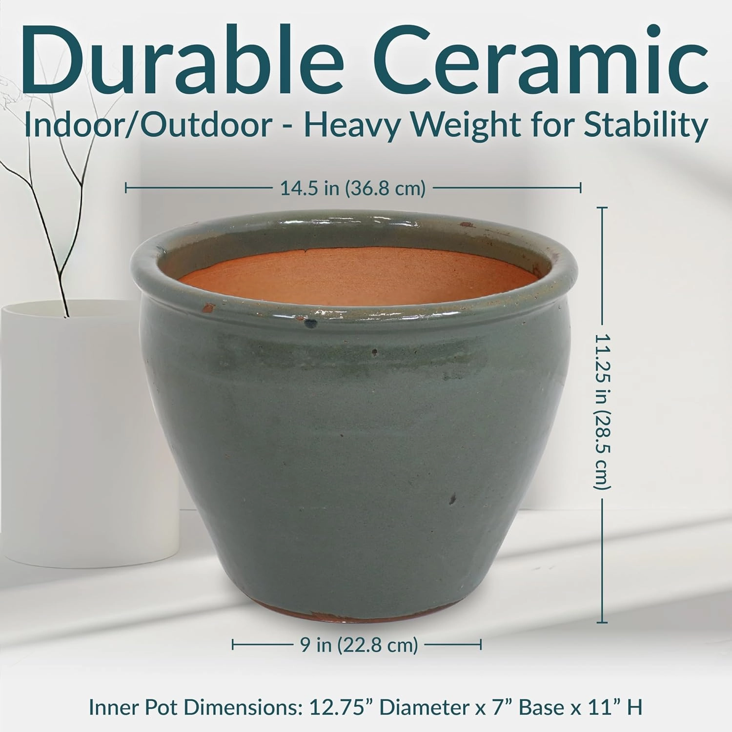 Sunnydaze 14.5" Large Ceramic Plant Pot - Round Outdoor Glazed Ceramic Planter Pot with Drainage - Gray - Chalet