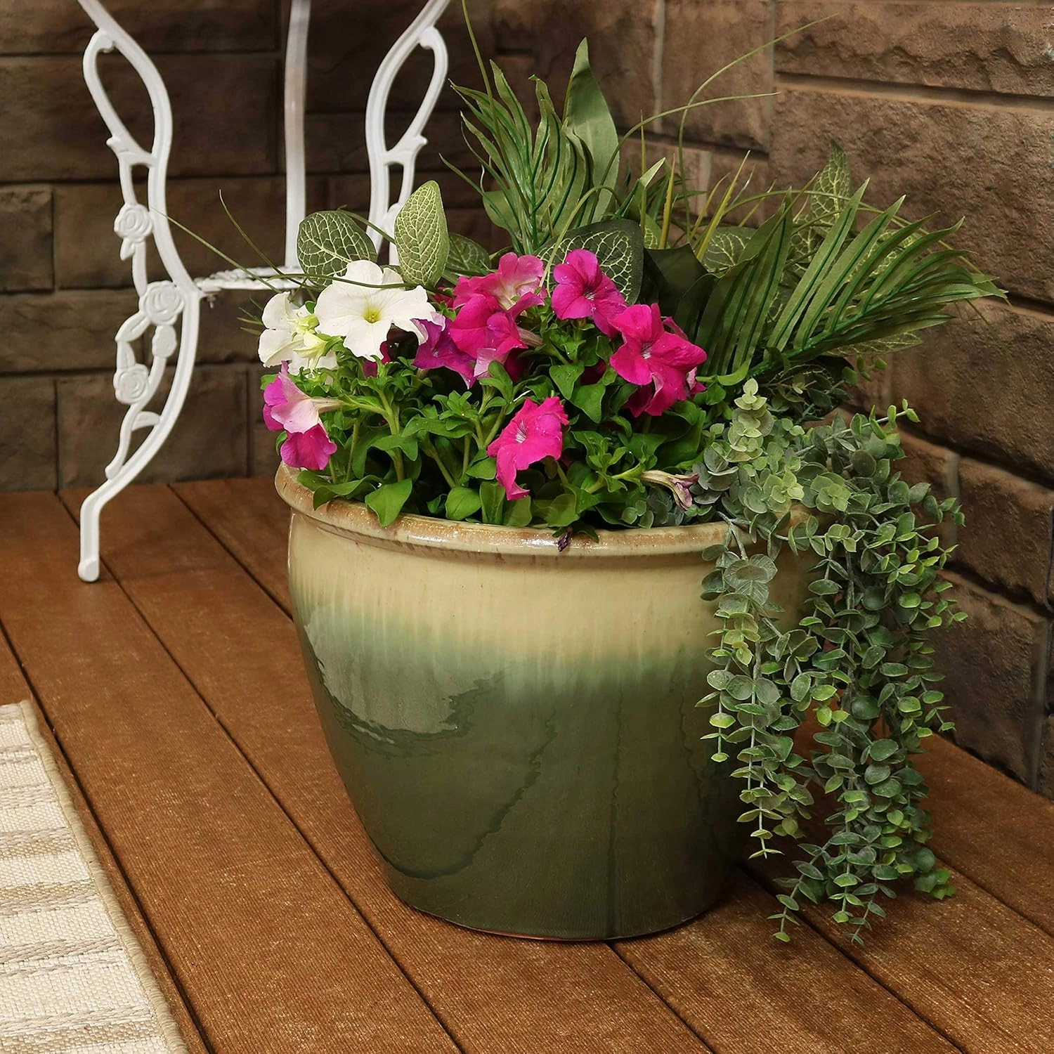 Sunnydaze 14.5" Large Ceramic Plant Pot - Round Outdoor Glazed Ceramic Planter Pot with Drainage - Seafoam - Chalet