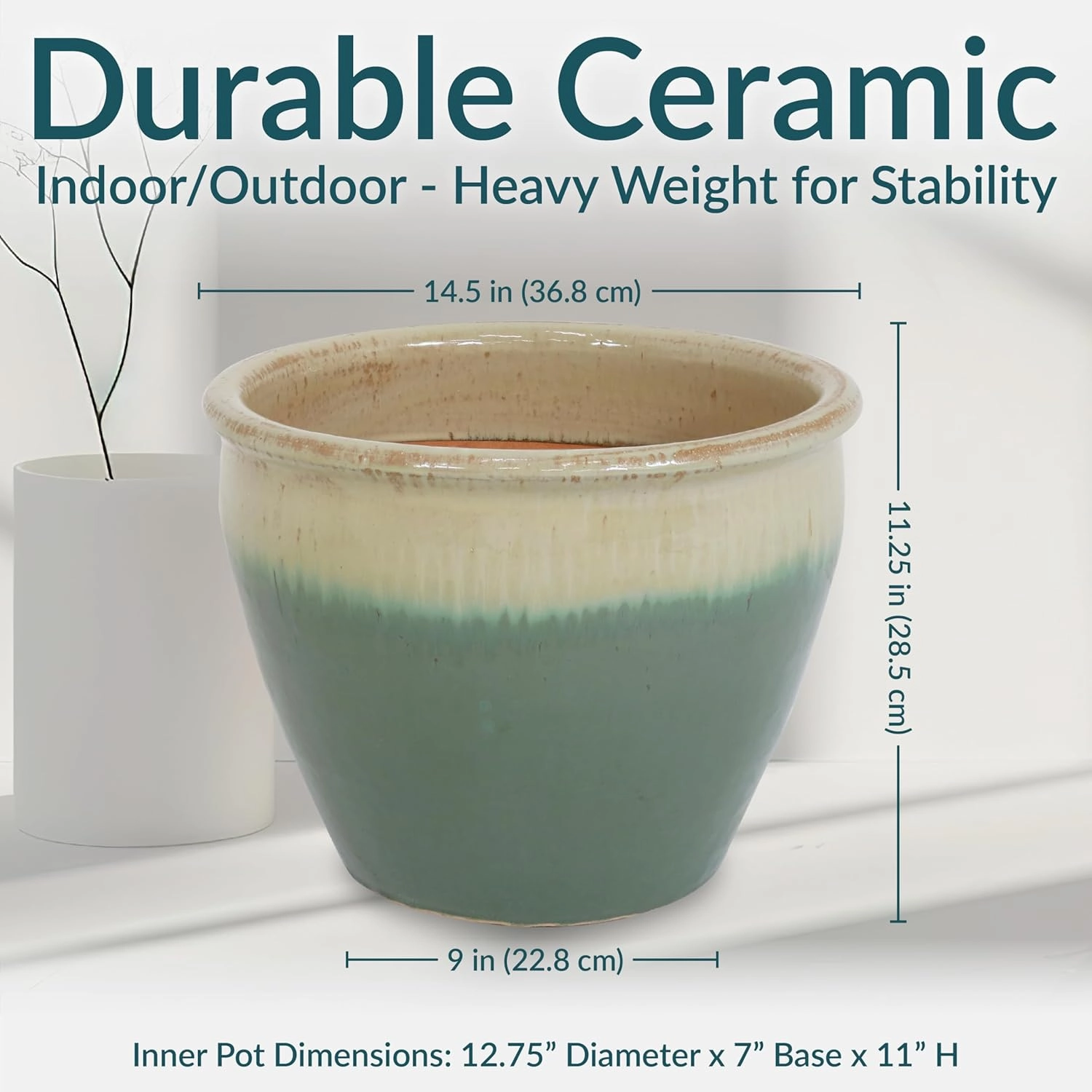 Sunnydaze 14.5" Large Ceramic Plant Pot - Round Outdoor Glazed Ceramic Planter Pot with Drainage - Seafoam - Chalet
