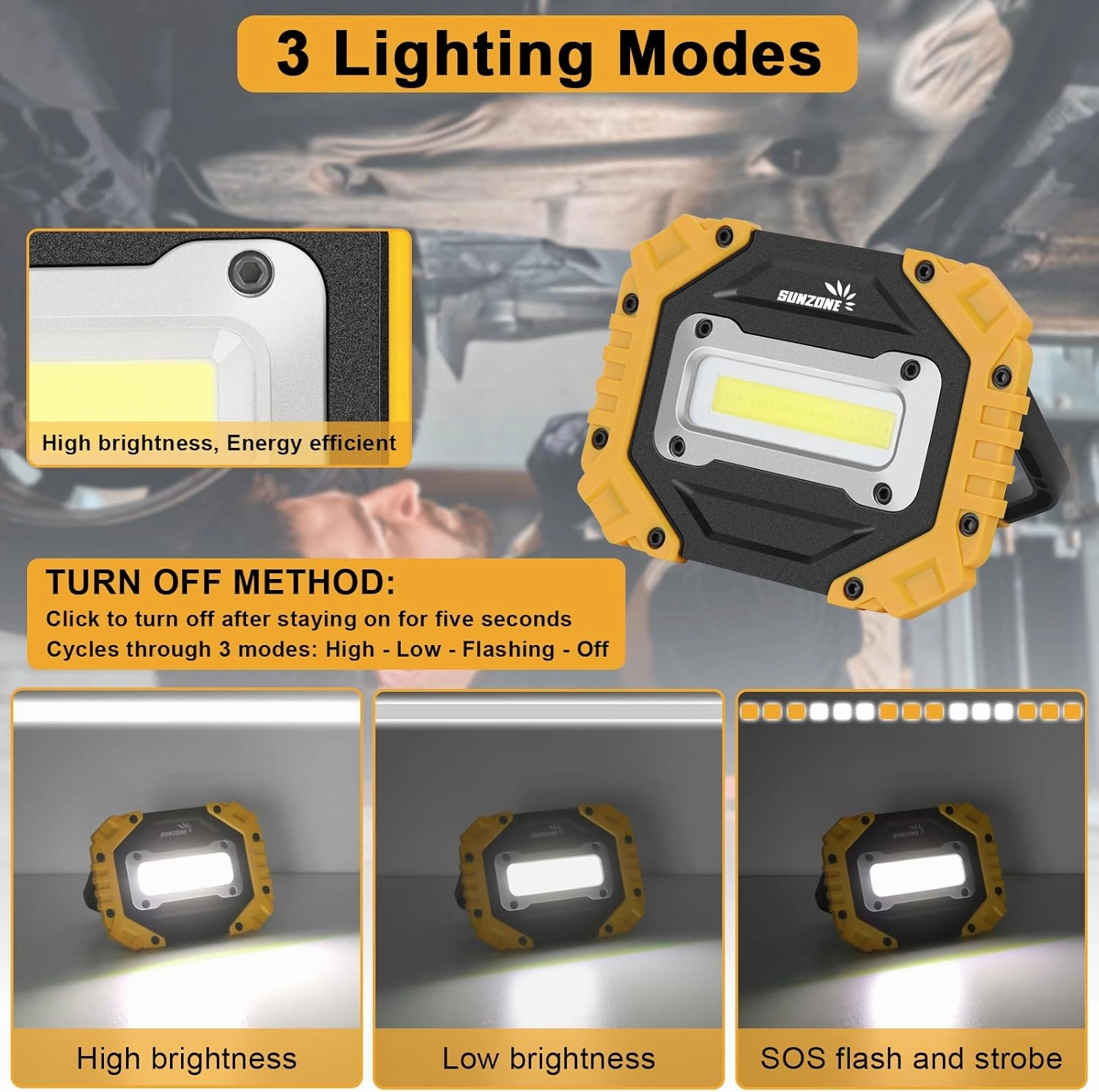 Sunzone LED Work Light - Rechargeable Magnetic Work Lights with Stand - Waterproof, 750 lumens, Job Site Lighting for Camping, Fishing, Car Repair with Emergency Mode (2 Pack)